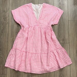 Pink Gingham/Checkered Shortsleeve Empire Waist Vneck Floaty Mini Dress S/M NWOT